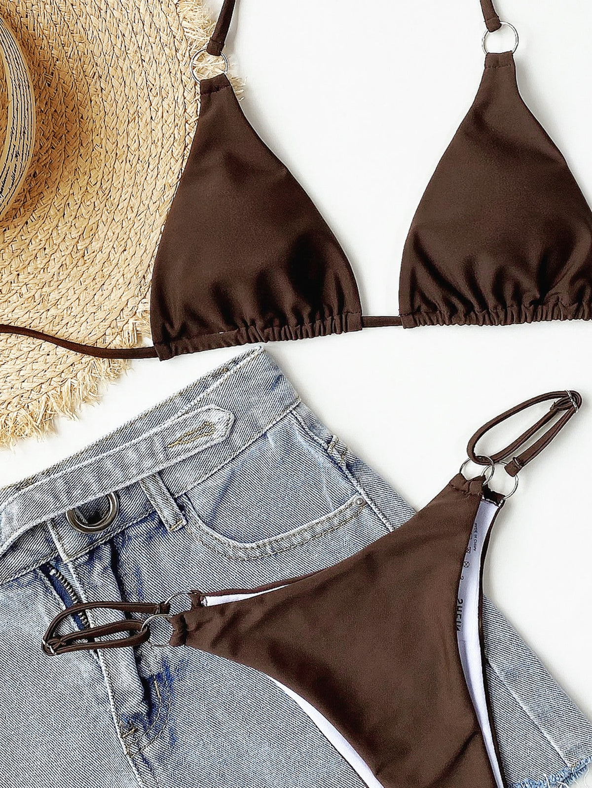 Swim Basics Ring Linked Triangle Thong Bikini Swimsuit