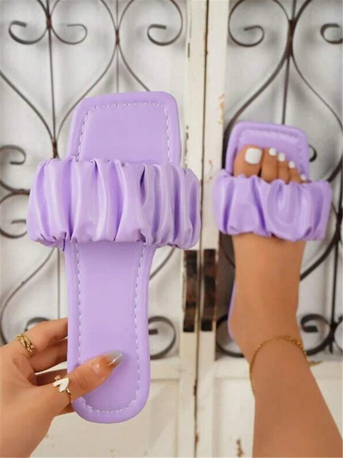 Women Minimalist Ruched Detail Slide Sandals, Elegant Summer Flat Sandals