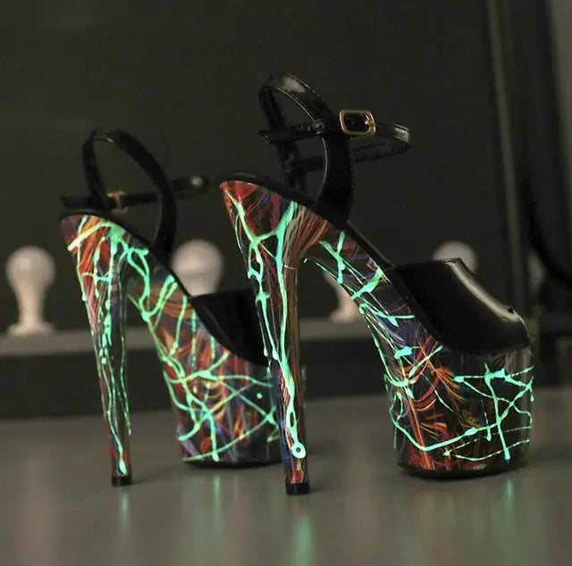 Patent Leather Stiletto High Heels Women Platform Sandals Super High Pumps Fluorescence Punk Sandals Pole Dancing Shoe Women45