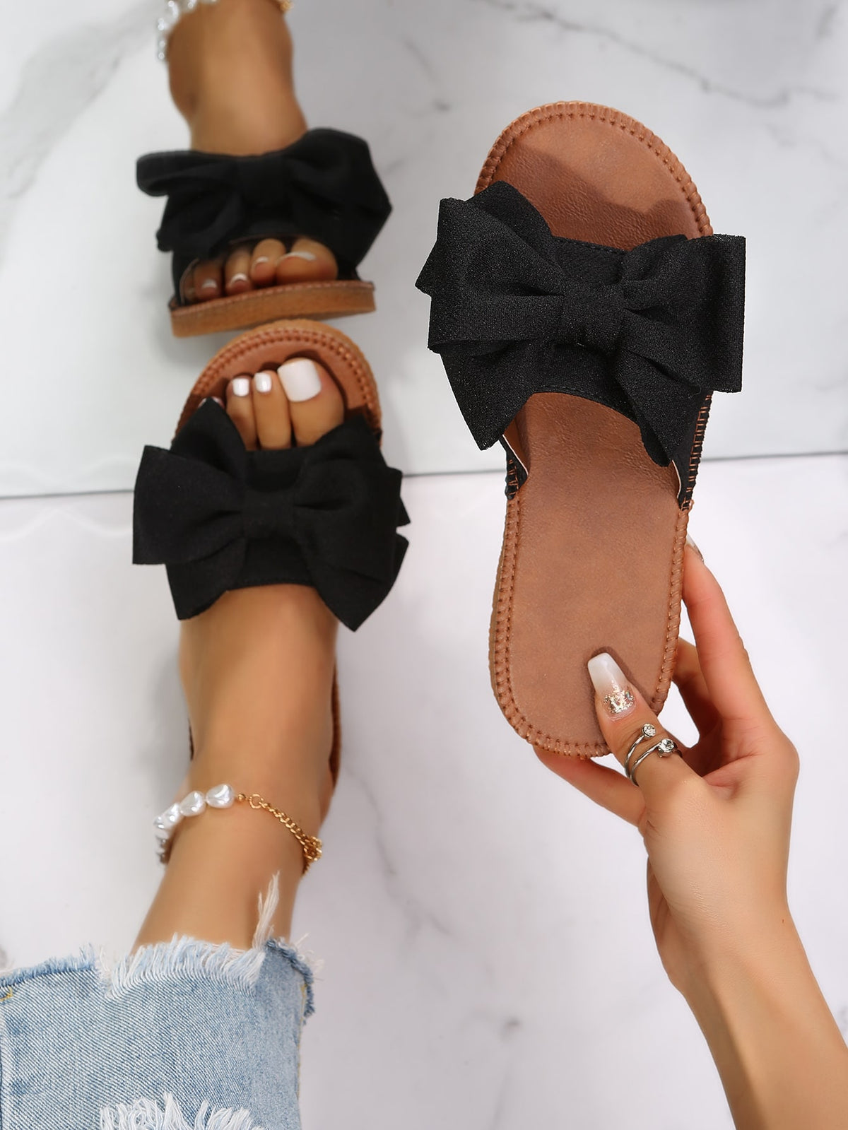 Preppy Slide Sandals For Women, Bow Decor Single Band Flat Sandals