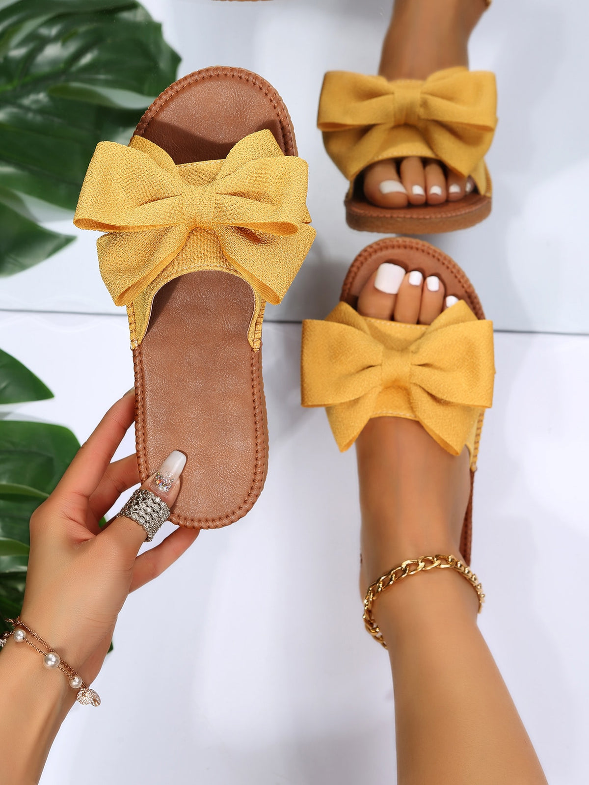 Preppy Slide Sandals For Women, Bow Decor Single Band Flat Sandals