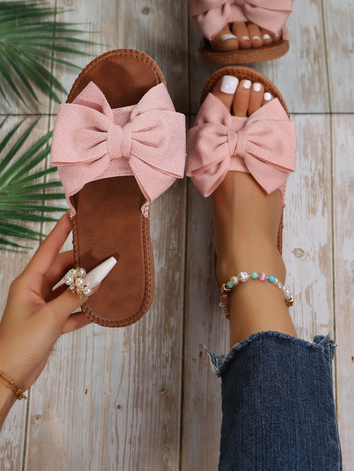 Preppy Slide Sandals For Women, Bow Decor Single Band Flat Sandals