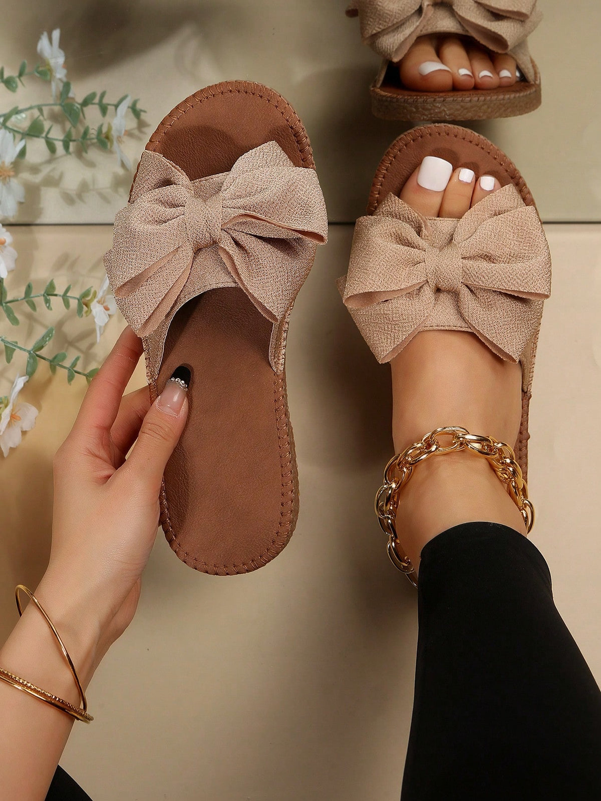 Preppy Slide Sandals For Women, Bow Decor Single Band Flat Sandals