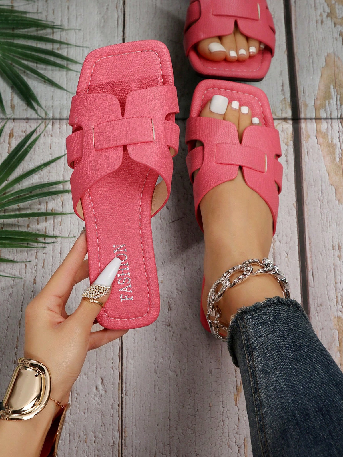 Elegant Beige Sandals For Women, Snakeskin Embossed Cut Out Design Open Toe Slide Sandals