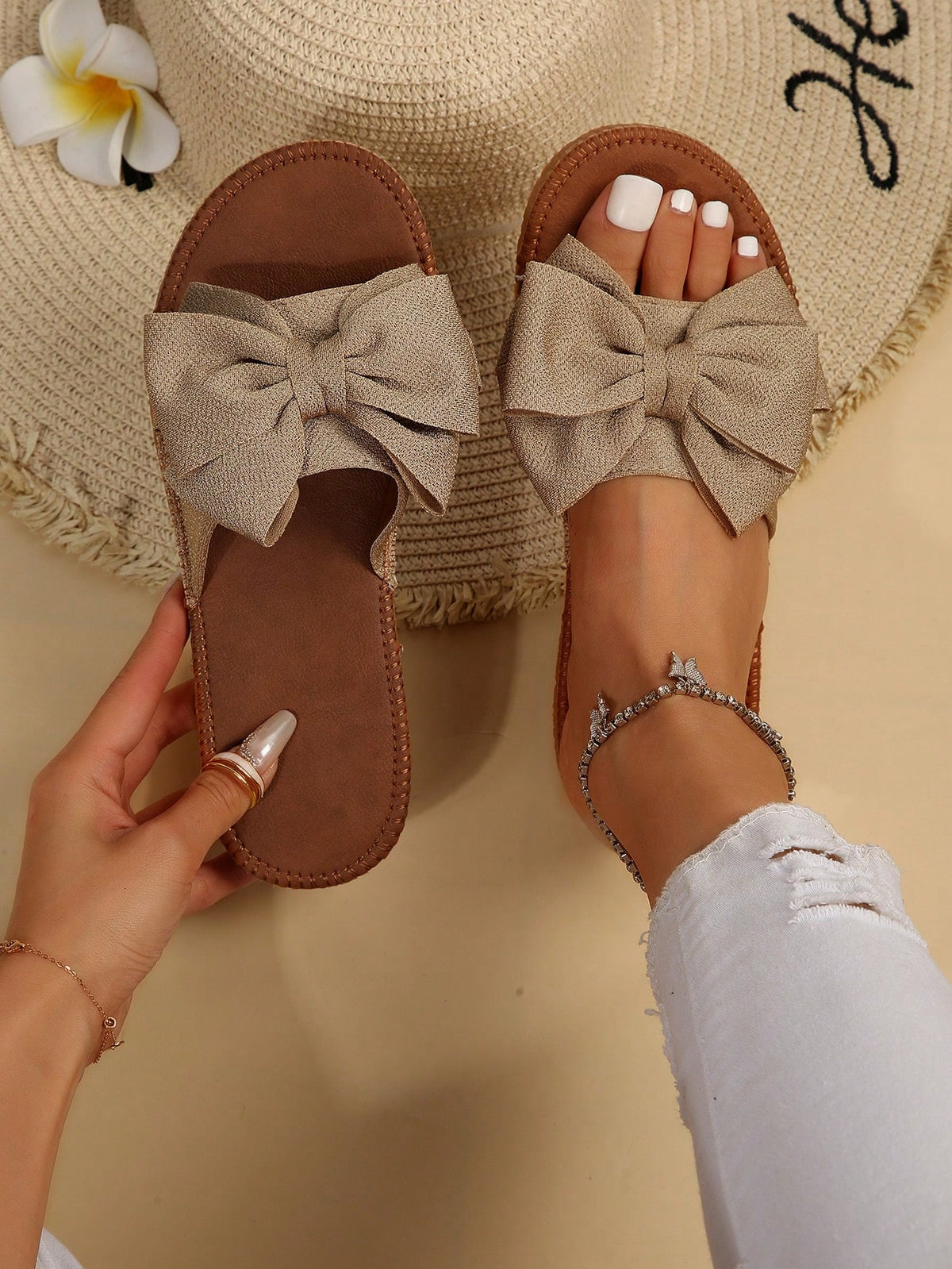 Preppy Slide Sandals For Women, Bow Decor Single Band Flat Sandals