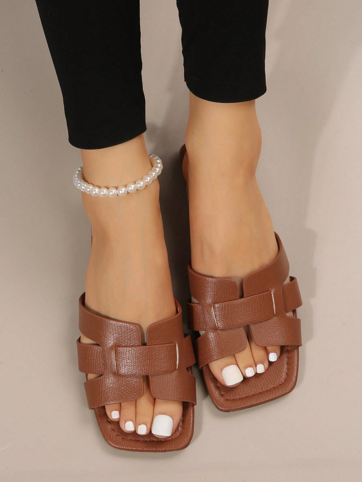Elegant Beige Sandals For Women, Snakeskin Embossed Cut Out Design Open Toe Slide Sandals