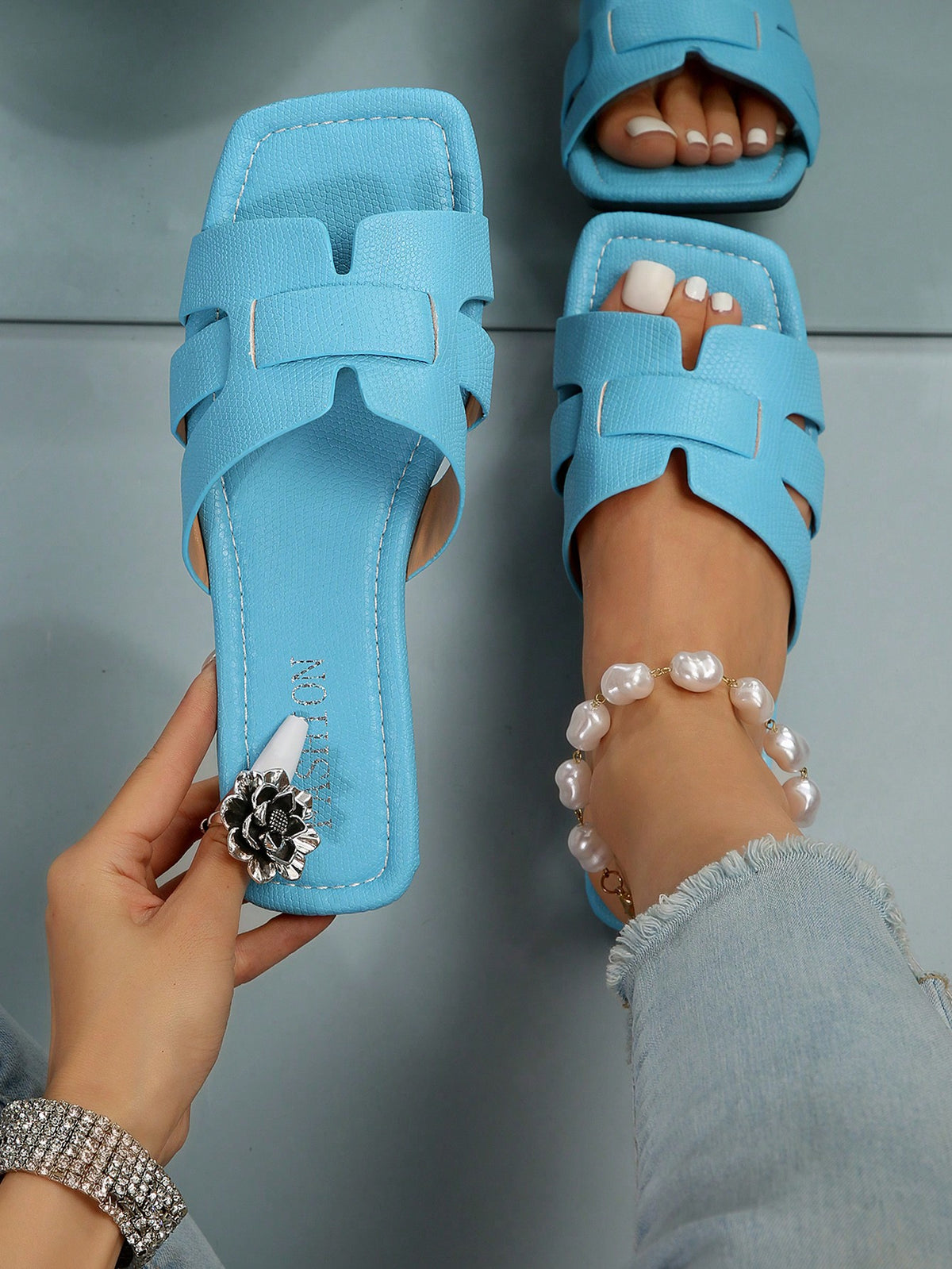 Elegant Beige Sandals For Women, Snakeskin Embossed Cut Out Design Open Toe Slide Sandals