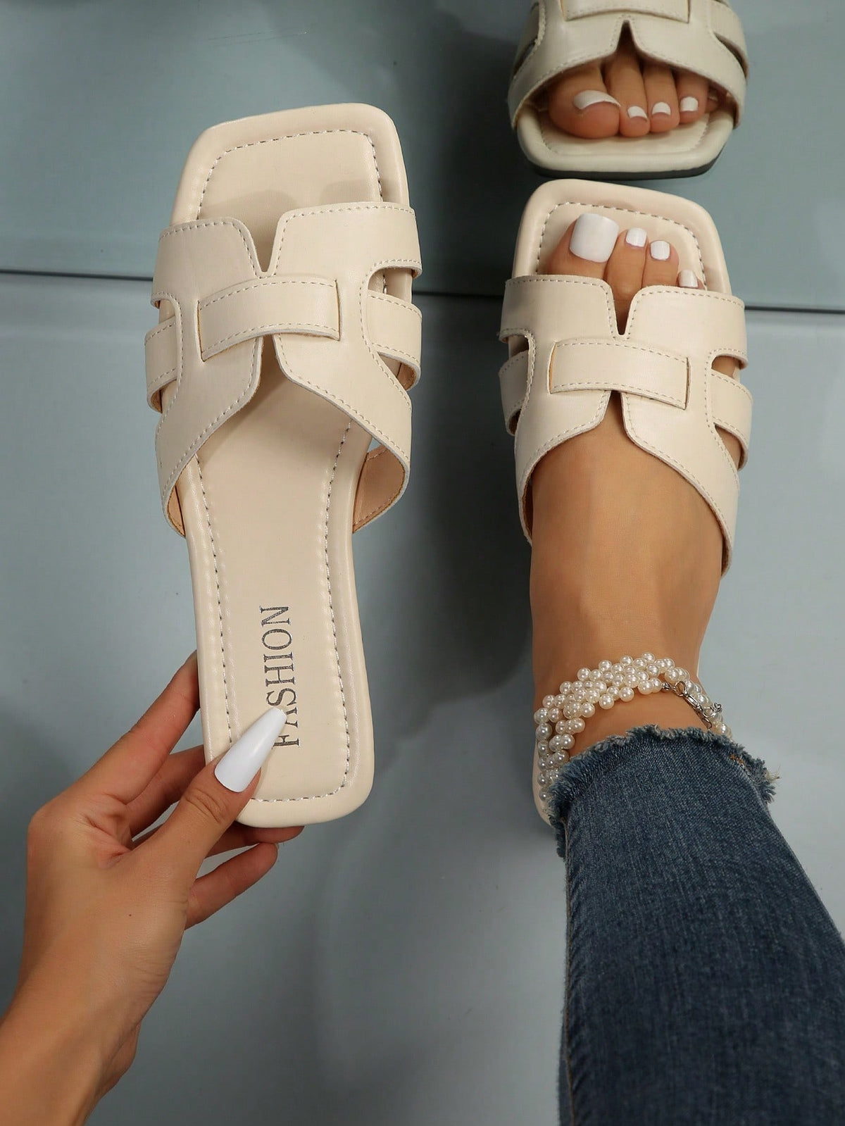 Elegant Beige Sandals For Women, Snakeskin Embossed Cut Out Design Open Toe Slide Sandals