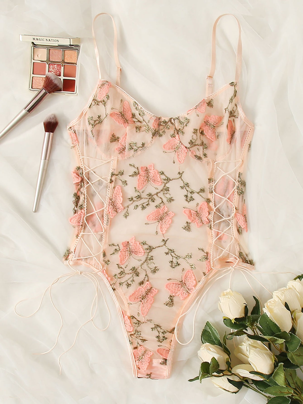 Embroidered Mesh Lace-up Teddy Bodysuit