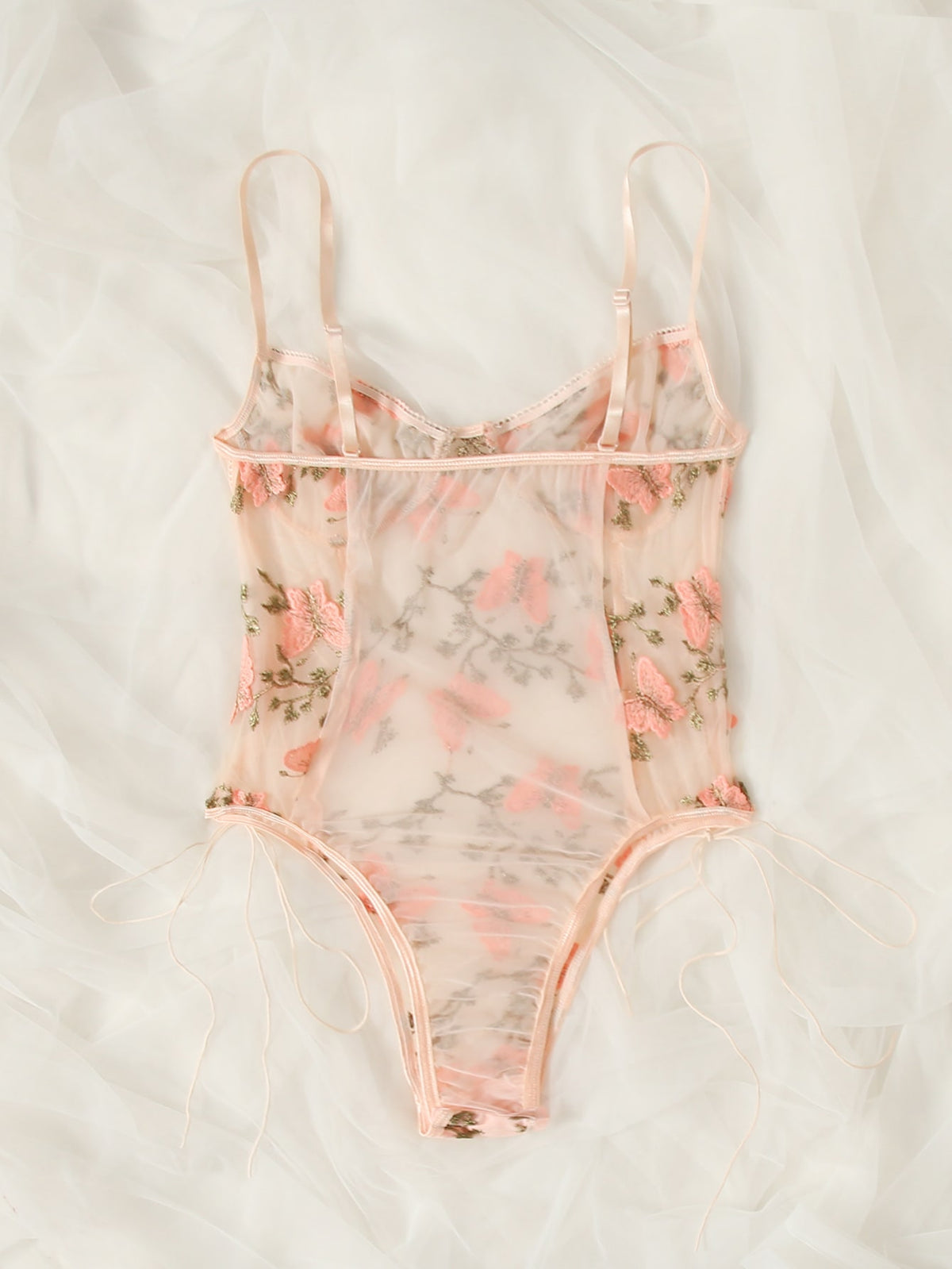 Embroidered Mesh Lace-up Teddy Bodysuit