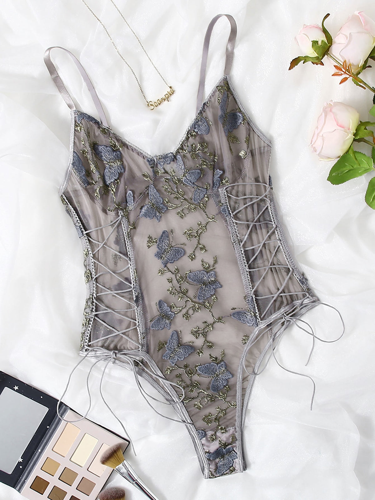 Embroidered Mesh Lace-up Teddy Bodysuit