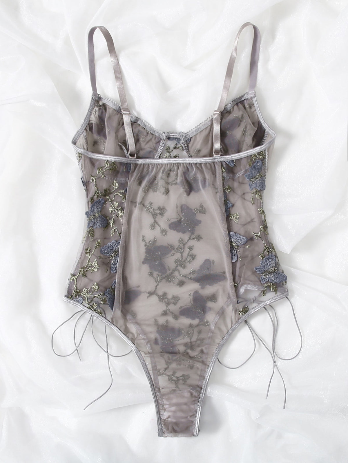 Embroidered Mesh Lace-up Teddy Bodysuit