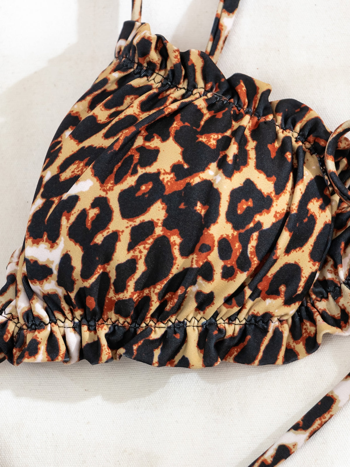 Swim Vcay Leopard Print Bikini Set Frill Trim Triangle Bra & Tie Side Bottom 2 Piece Swimsuit