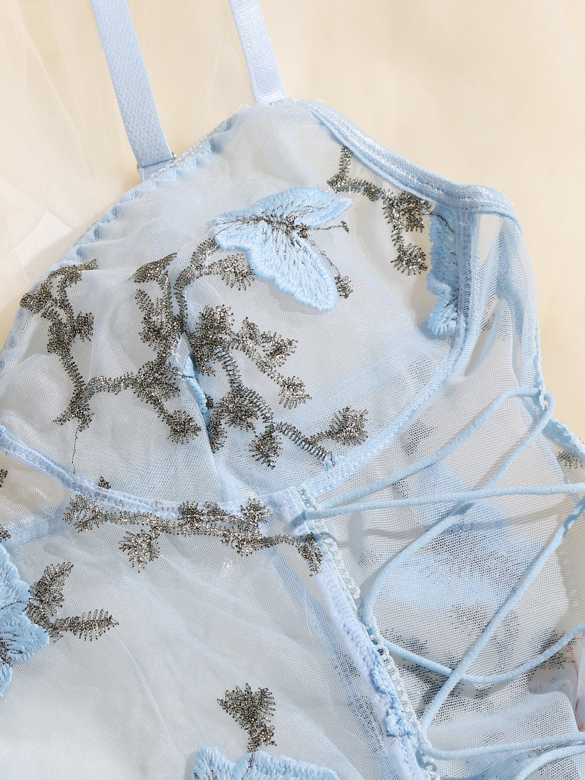 Embroidered Mesh Lace-up Teddy Bodysuit