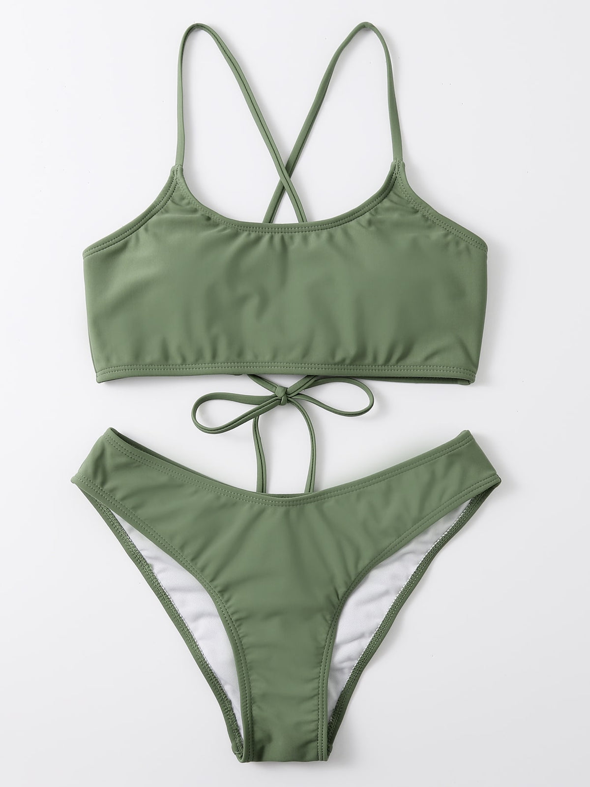 Swim Basics Mono Bikini Set Lace Up Backless Wireless Bra Top & Scrunch Butt Cheeky Bikini Bottom 2 Piece Bathing Suit