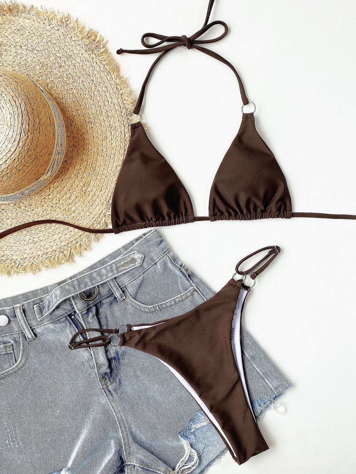 Swim Basics Ring Linked Triangle Thong Bikini Swimsuit