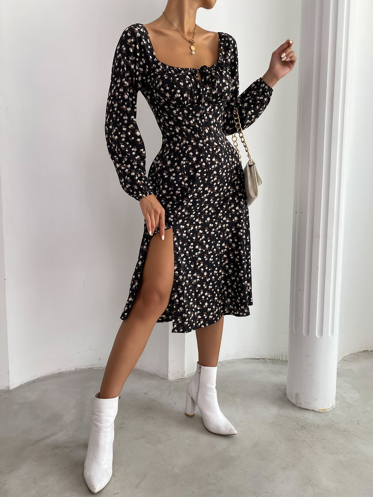 Frenchy Ditsy Floral Knot Front Split Hem Dress