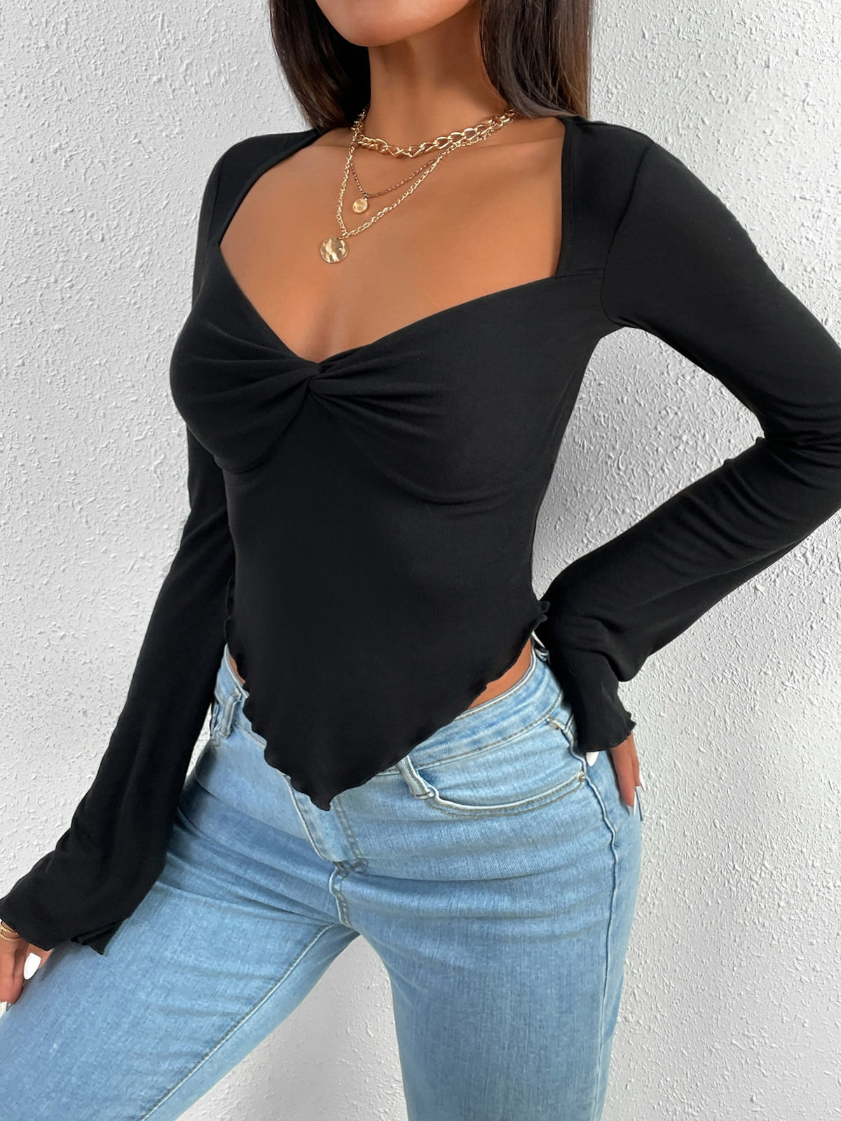 BAE Trumpet Sleeve Lettuce Trim Twist Hanky Hem Crop Tee