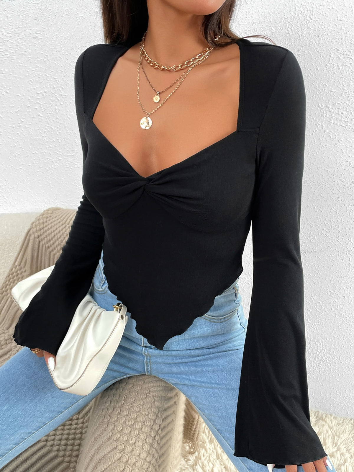 BAE Trumpet Sleeve Lettuce Trim Twist Hanky Hem Crop Tee