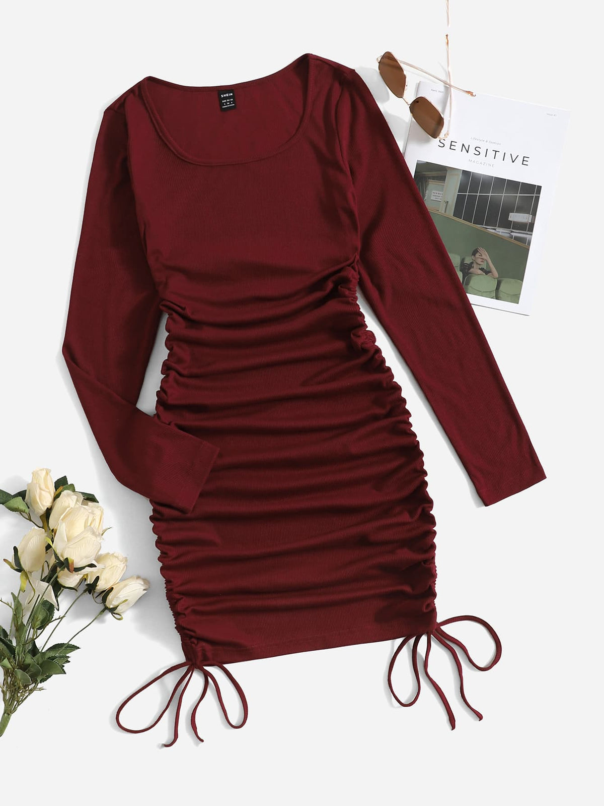 EZwear Scoop Neck Drawstring Side Bodycon Dress