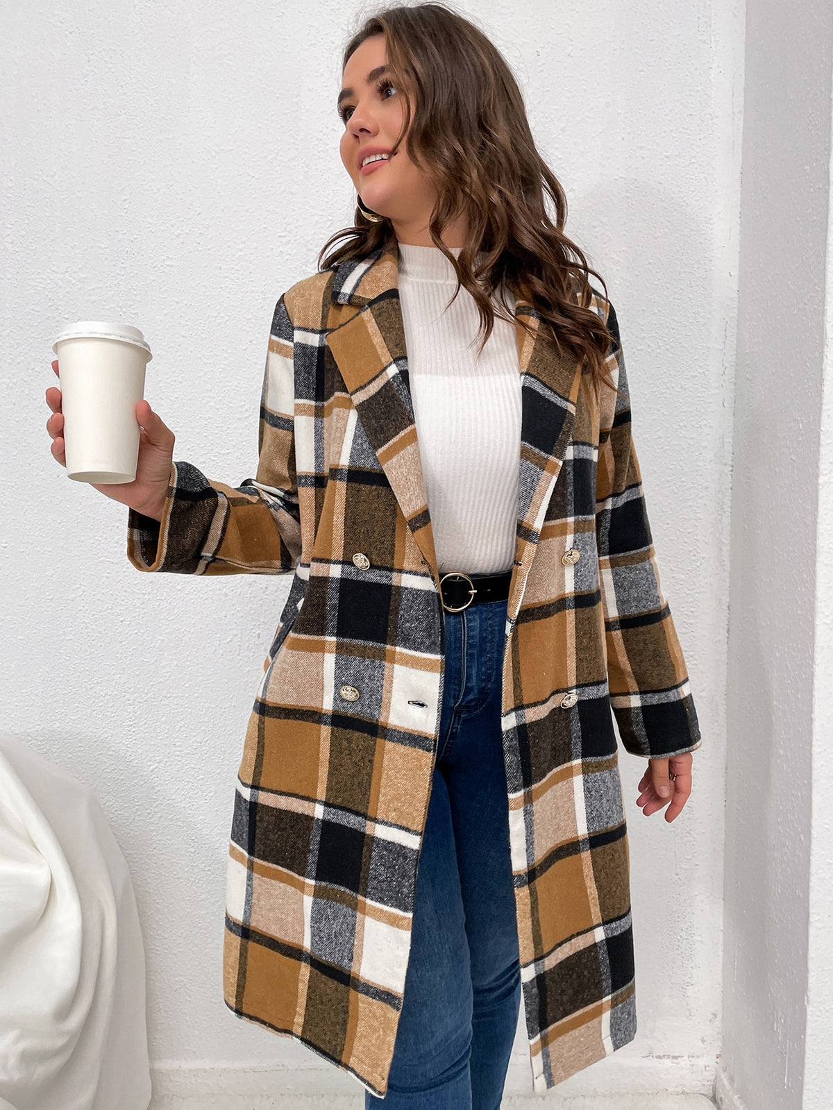 Plus Plaid Lapel Neck Double Breasted Overcoat