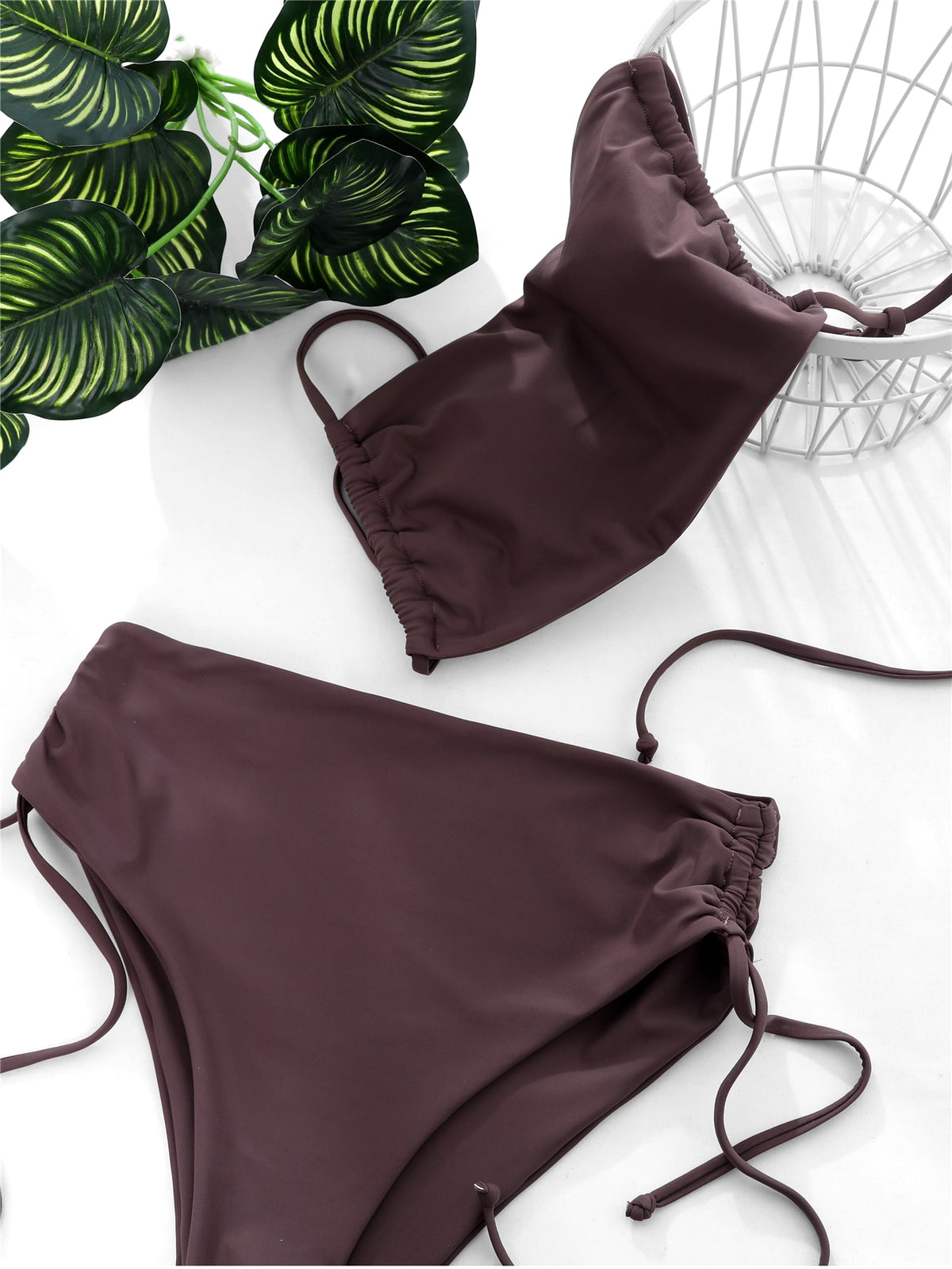 Swim Basics Mono Bikini Set Ruched Cami Top & Drawstring Ruched Tummy Control Bottom 2 Piece Swimwear