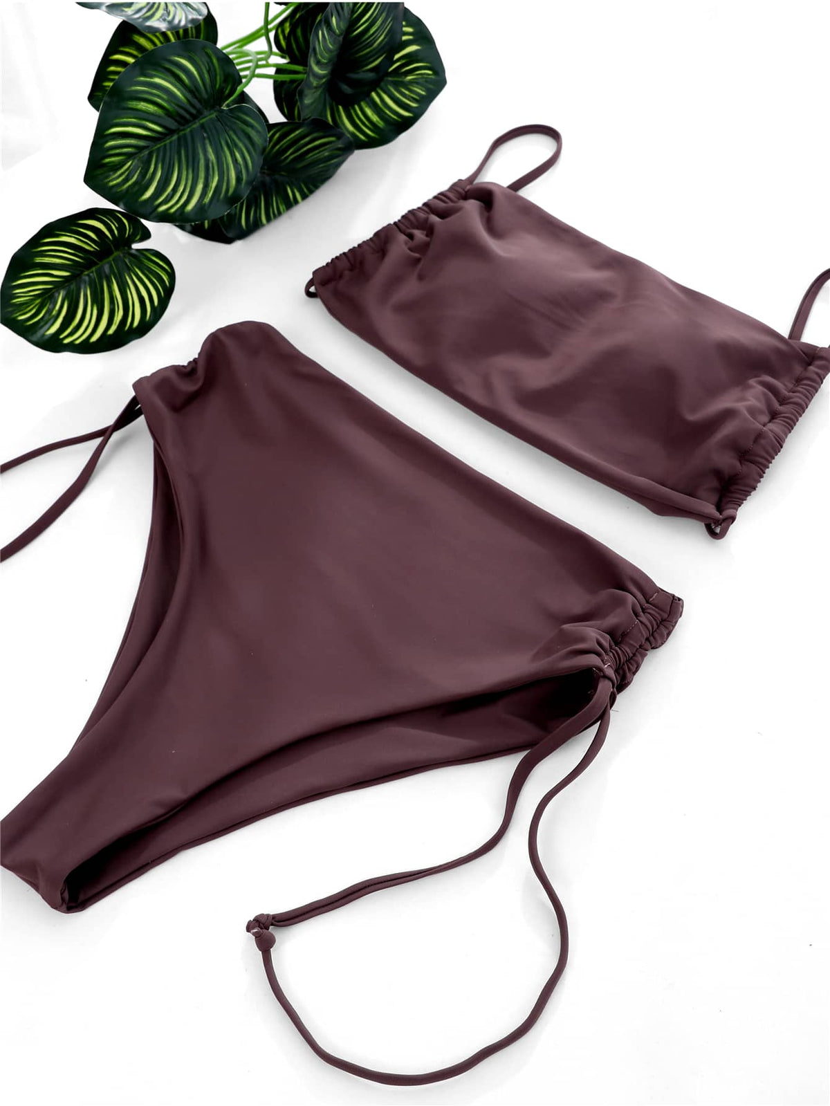 Swim Basics Mono Bikini Set Ruched Cami Top & Drawstring Ruched Tummy Control Bottom 2 Piece Swimwear
