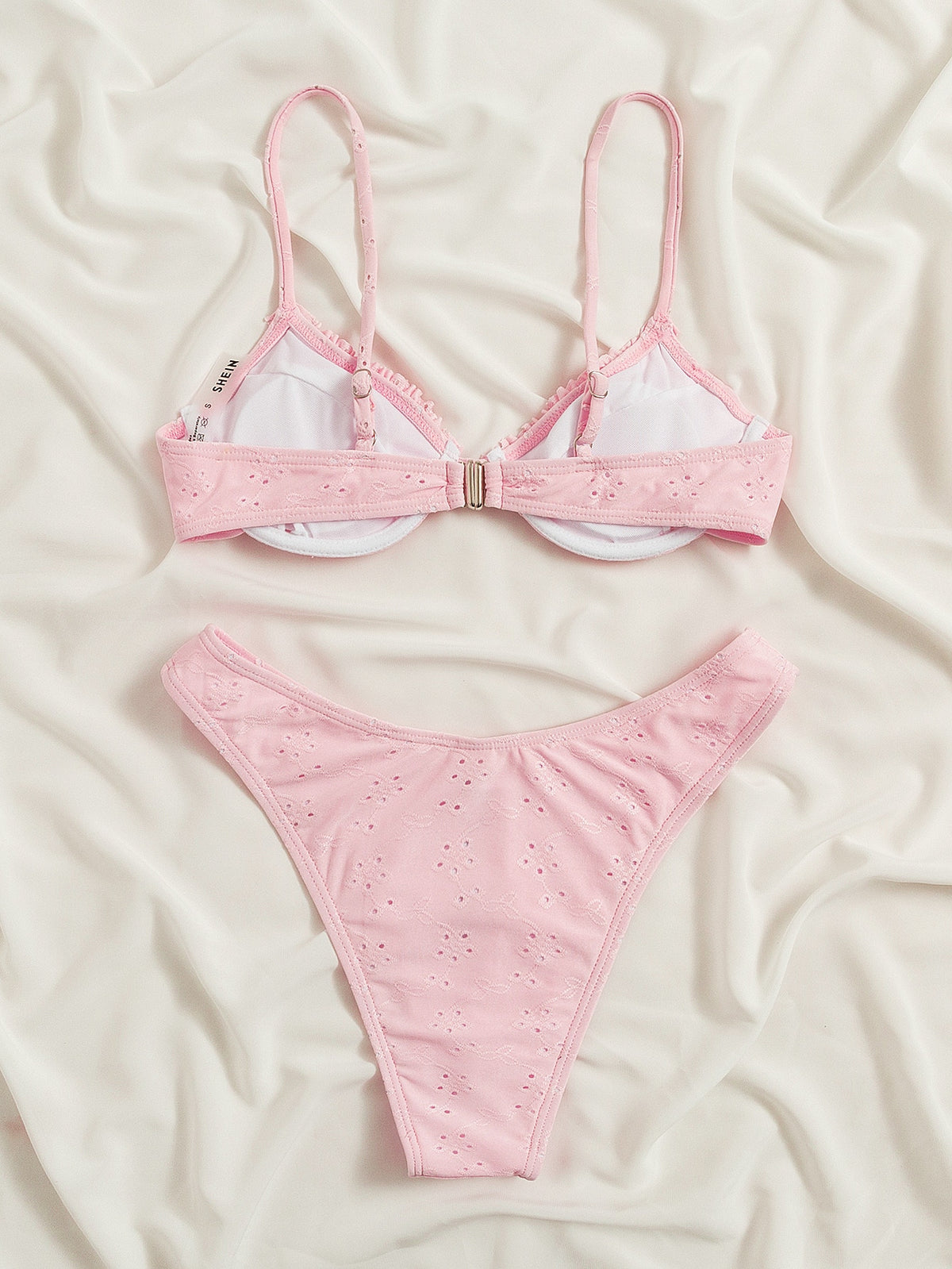 Swim Mod Frill Trim Eyelet Embroidery Push Up Bikini Swimsuit