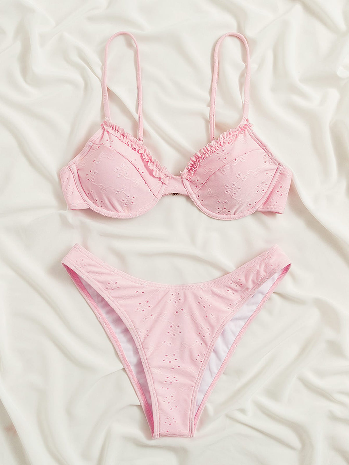 Swim Mod Frill Trim Eyelet Embroidery Push Up Bikini Swimsuit