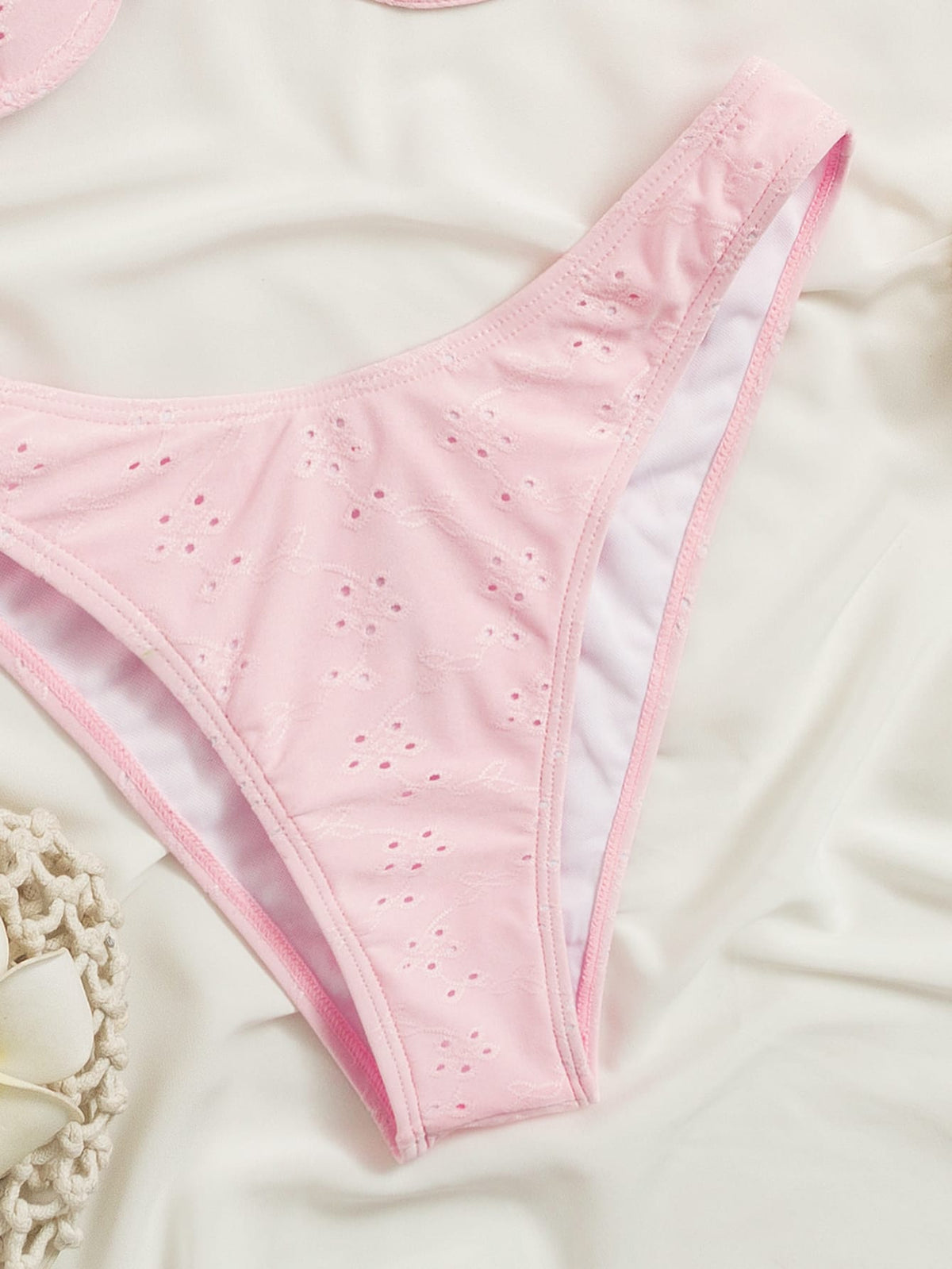 Swim Mod Frill Trim Eyelet Embroidery Push Up Bikini Swimsuit