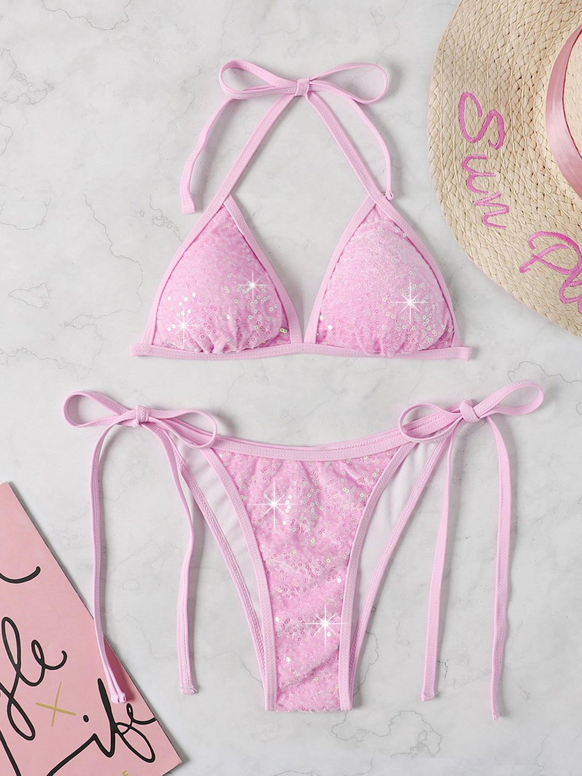 Swim SXY Sparkly Sequin Bikini Set Micro Triangle Bra & Thong Bottom 2 Piece Bathing Suit