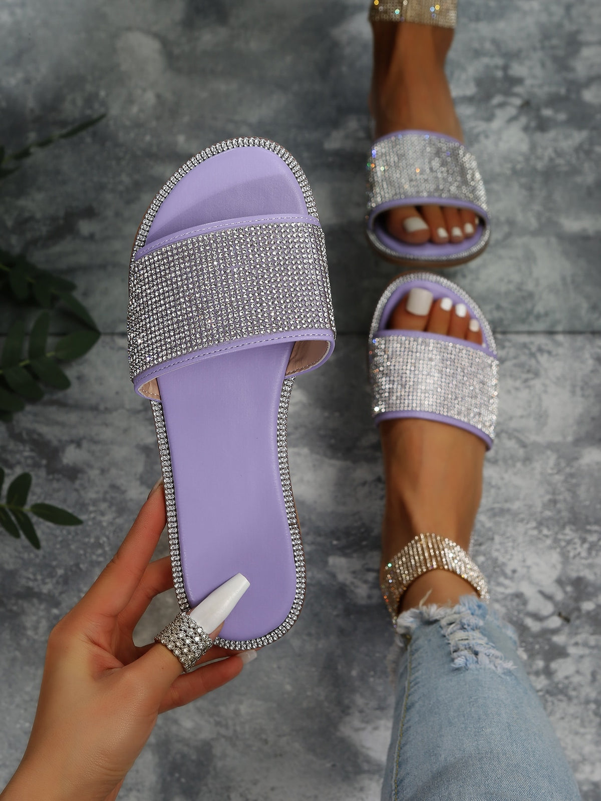 Women Black Allover Rhinestone Slide Sandals