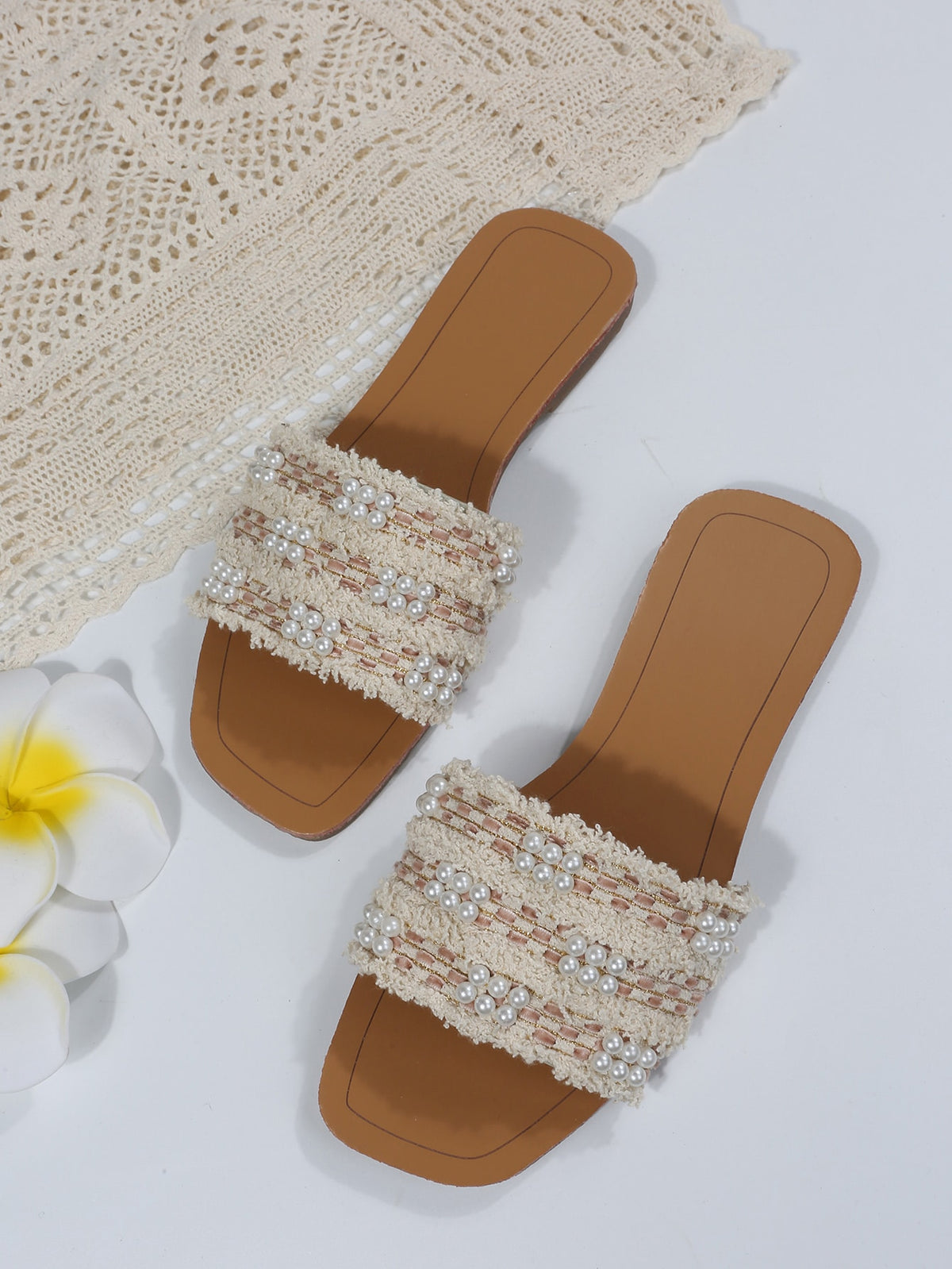 Faux Pearls Detail Flat Slide Sandals