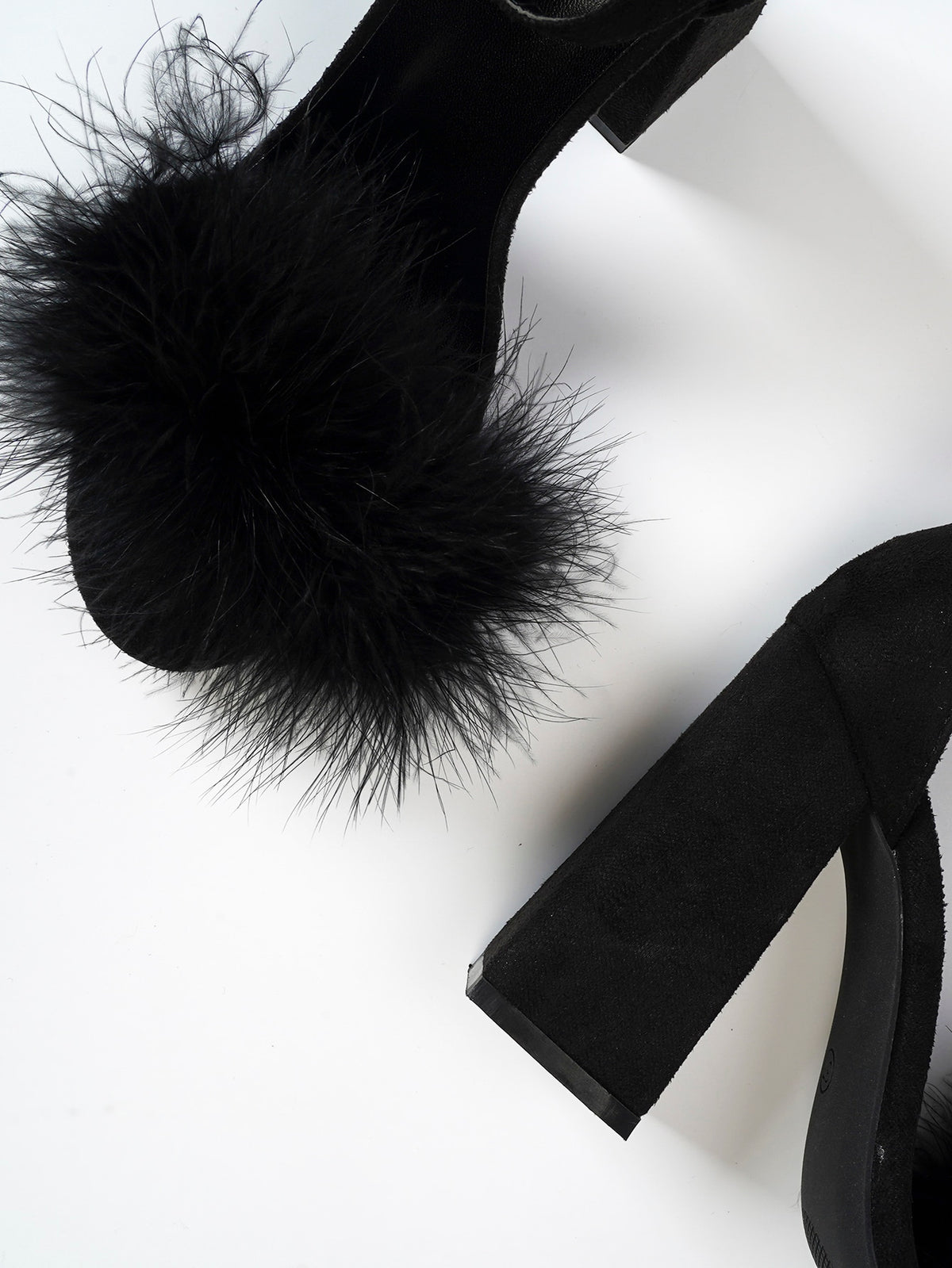 Women Black Fluffy Chunky Heeled Ankle Strap Sandals