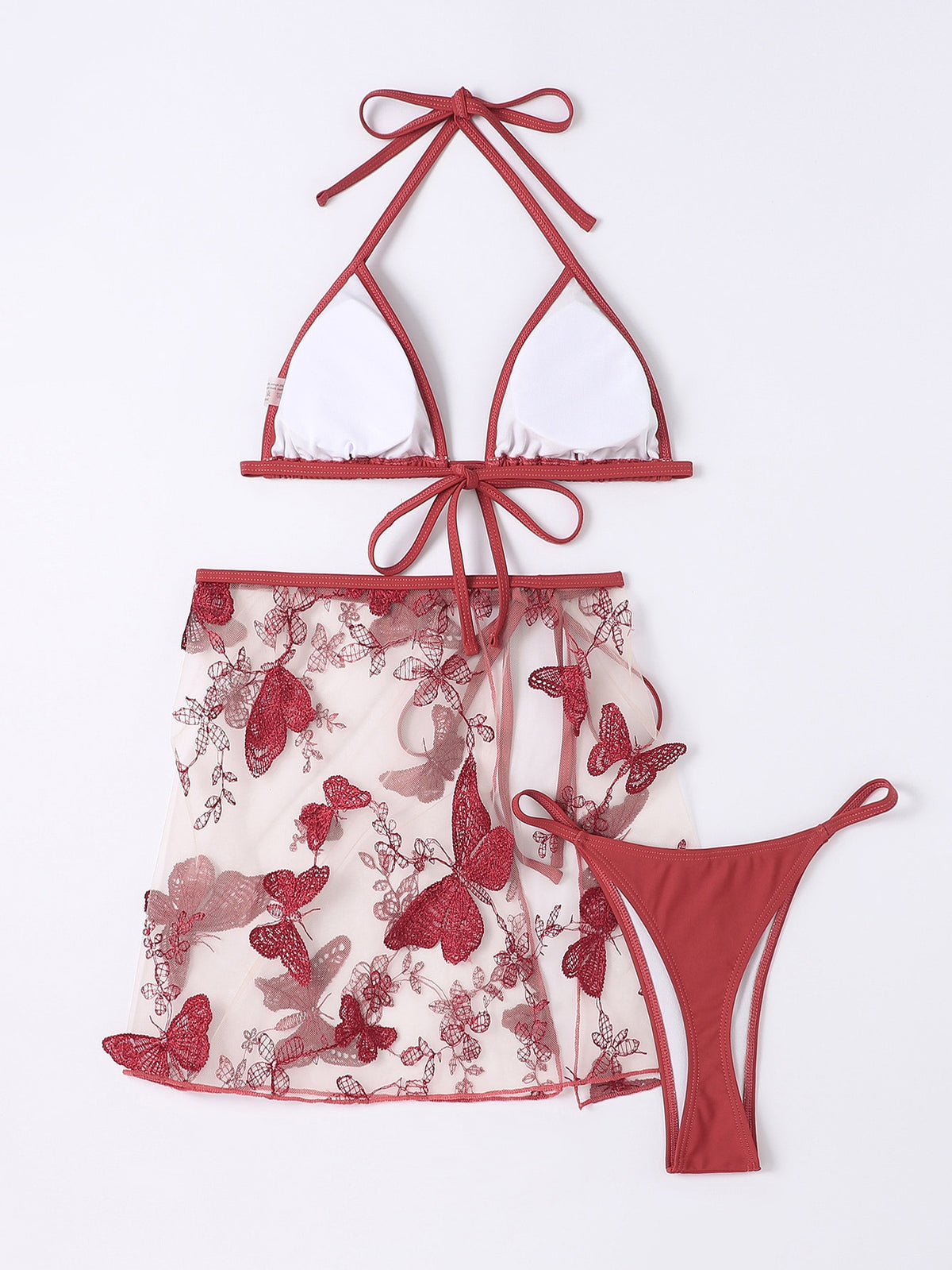 Butterfly and Floral Embroidery Mesh Bikini Set Halter Triangle Bra Top & G-string Bikini Bottom & Skirt 2 Piece Swimsuit