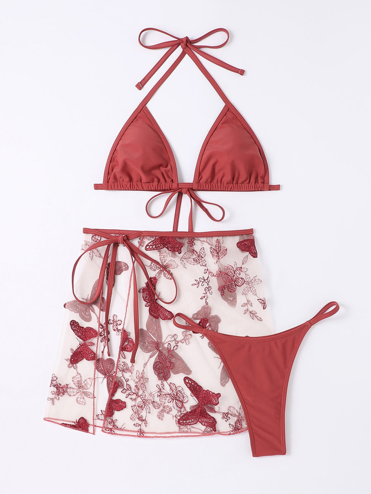 Butterfly and Floral Embroidery Mesh Bikini Set Halter Triangle Bra Top & G-string Bikini Bottom & Skirt 2 Piece Swimsuit