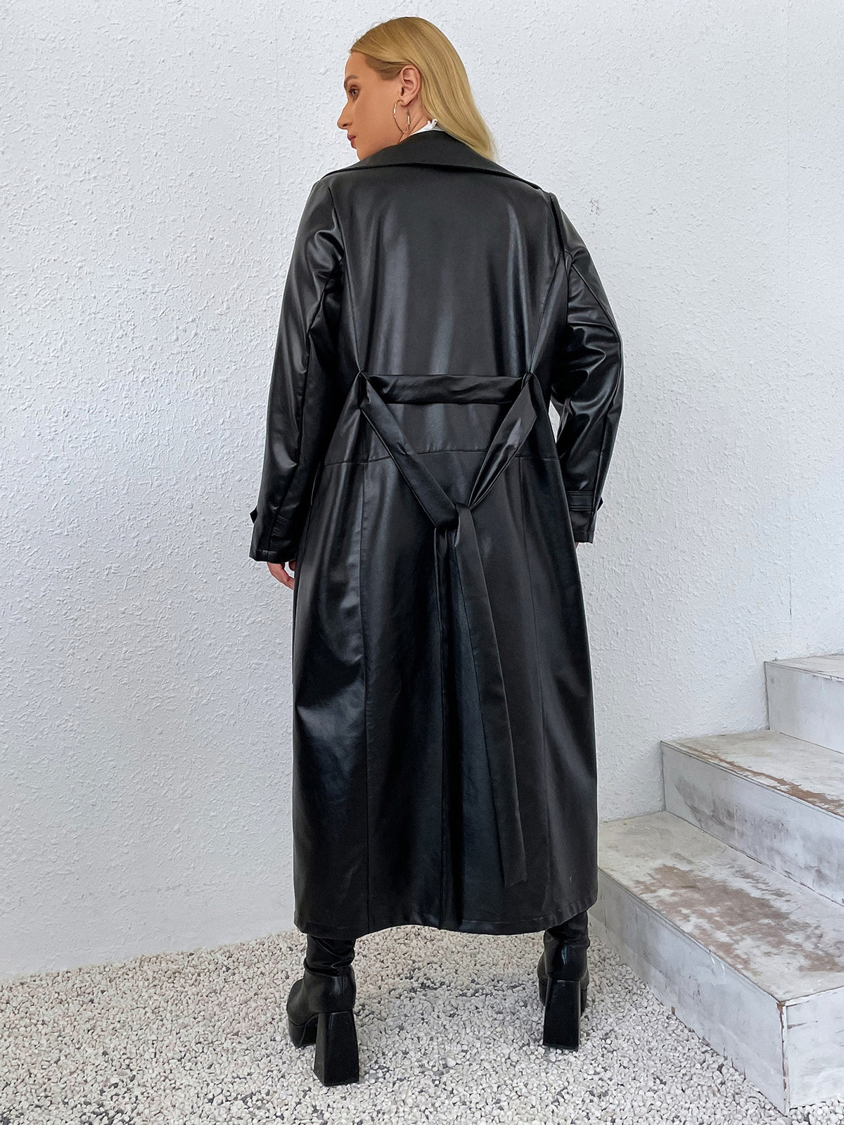 Privé Plus Lapel Collar Belted PU Leather Trench Coat