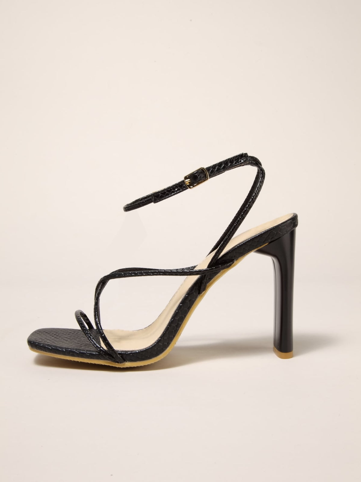 Women Snakeskin Embossed Chunky Heeled Ankle Strap Black Sandals For Women With Tie Strap Around Ankle