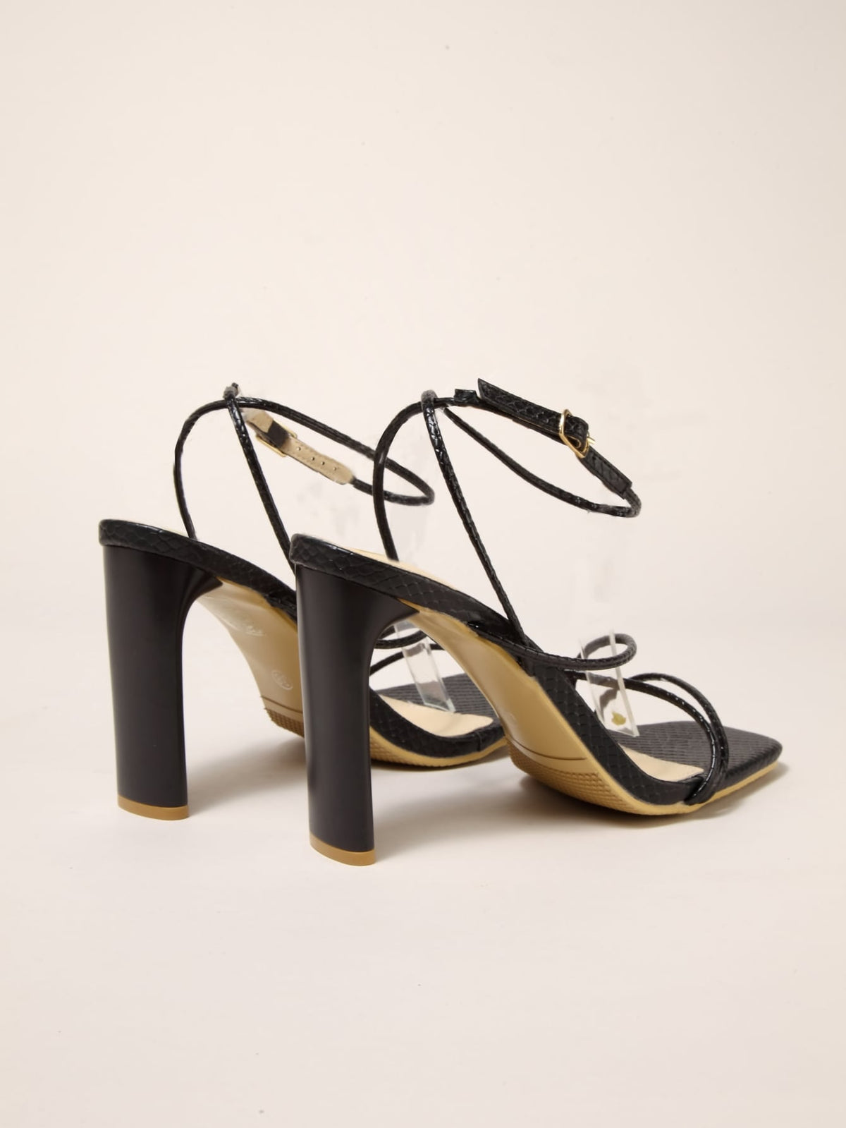 Women Snakeskin Embossed Chunky Heeled Ankle Strap Black Sandals For Women With Tie Strap Around Ankle