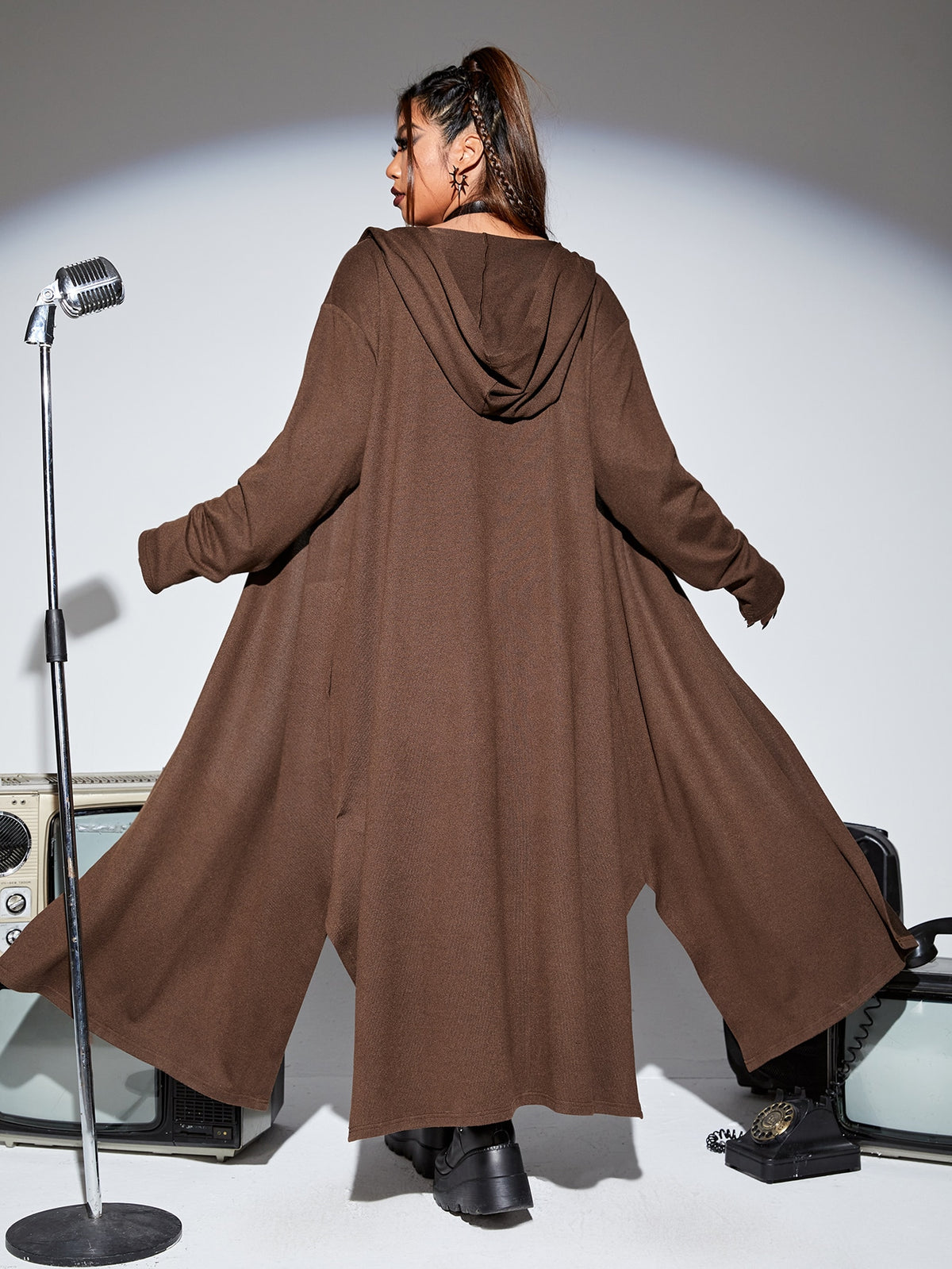 PUNK Plus Solid Open Front Hooded Coat