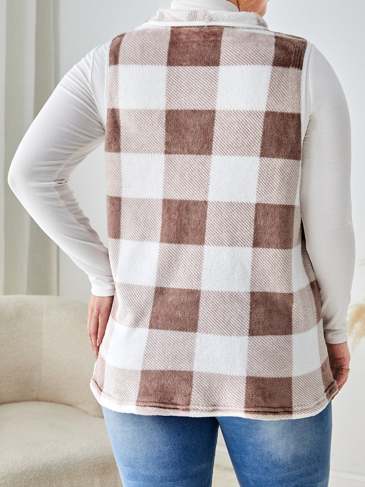 LUNE Plus Buffalo Plaid Print Open Front Vest Coat Without Tee