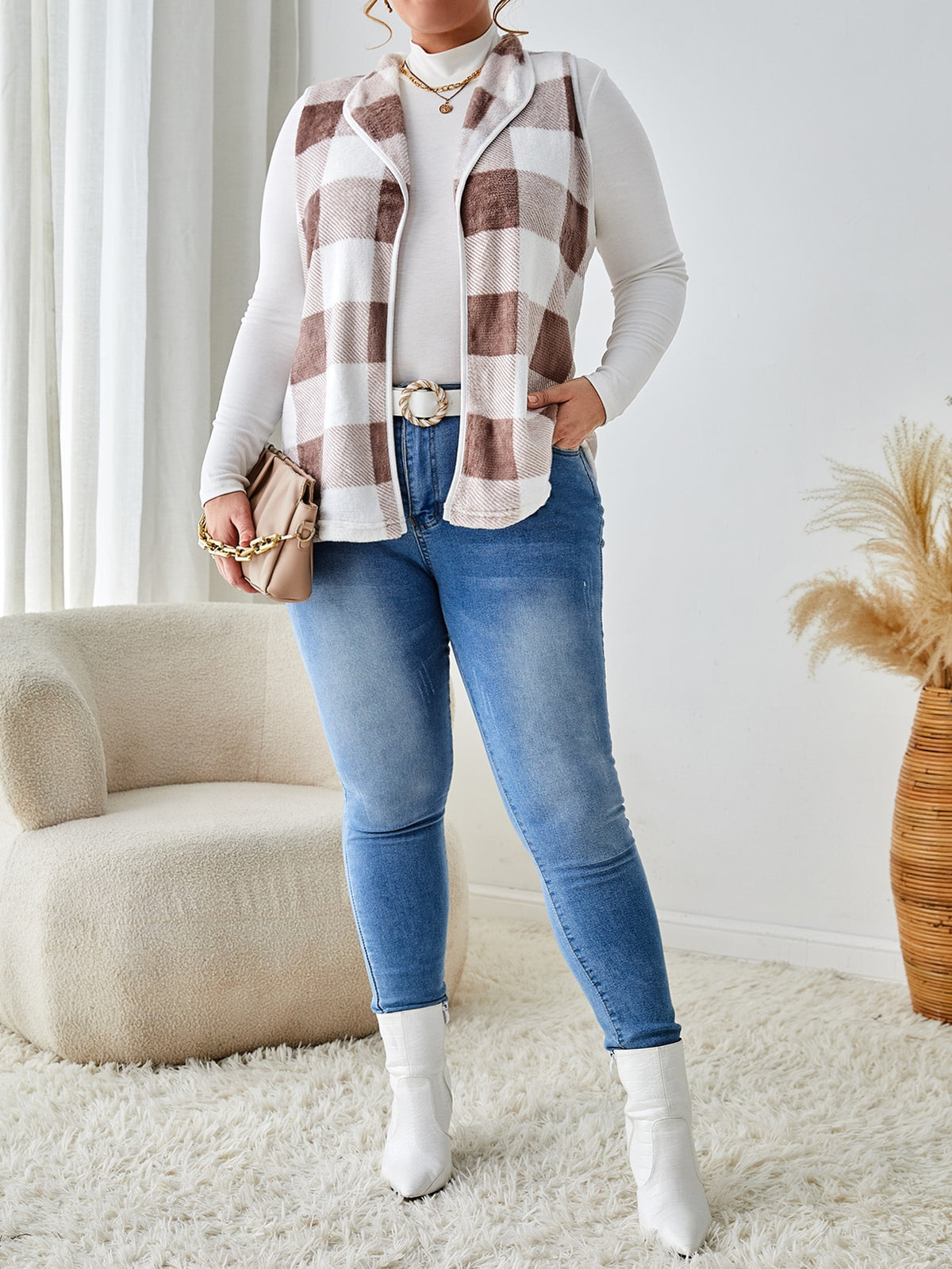 LUNE Plus Buffalo Plaid Print Open Front Vest Coat Without Tee