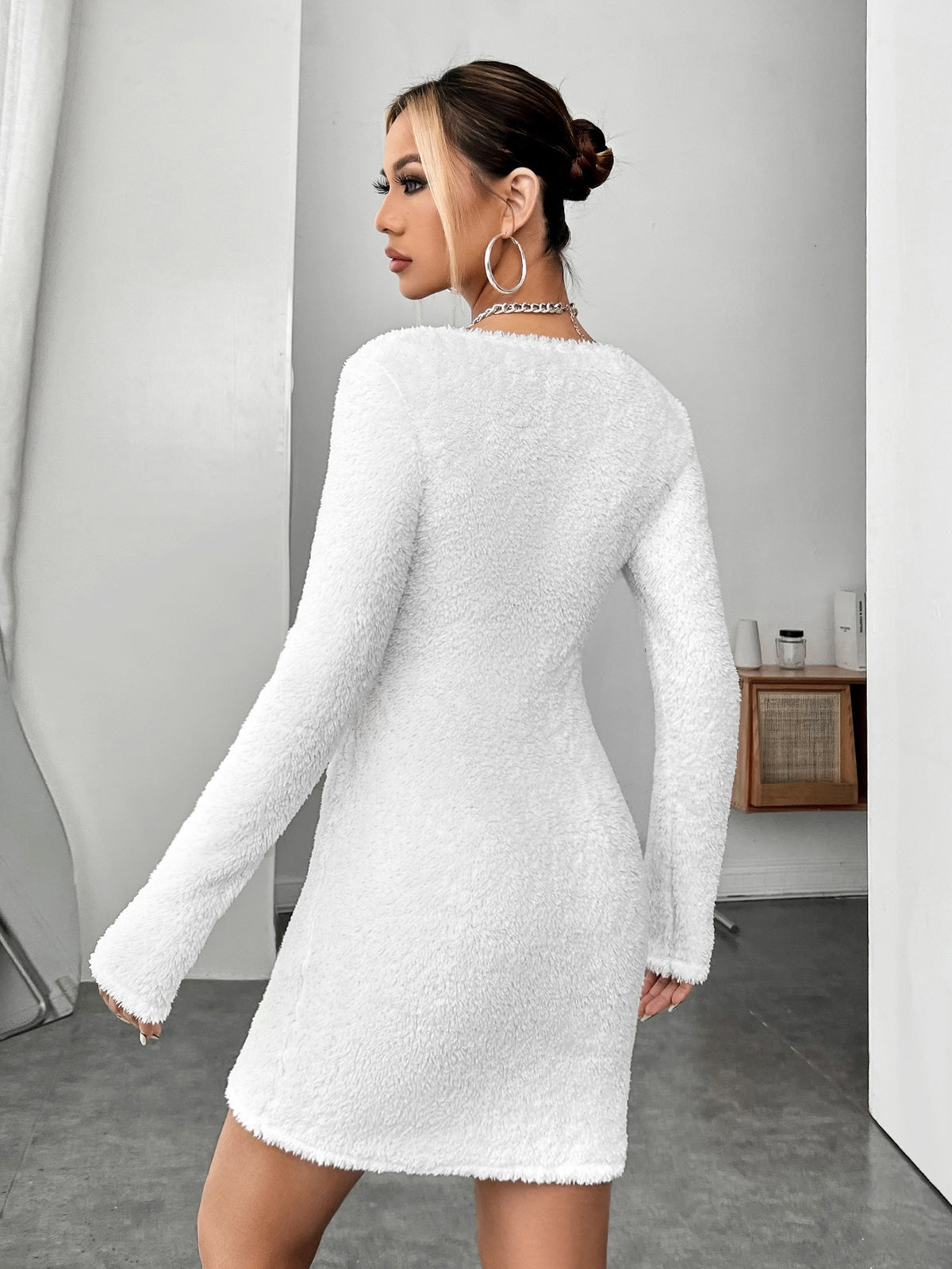 EZwear Scoop Neck Fluffy Knit Bodycon Dress