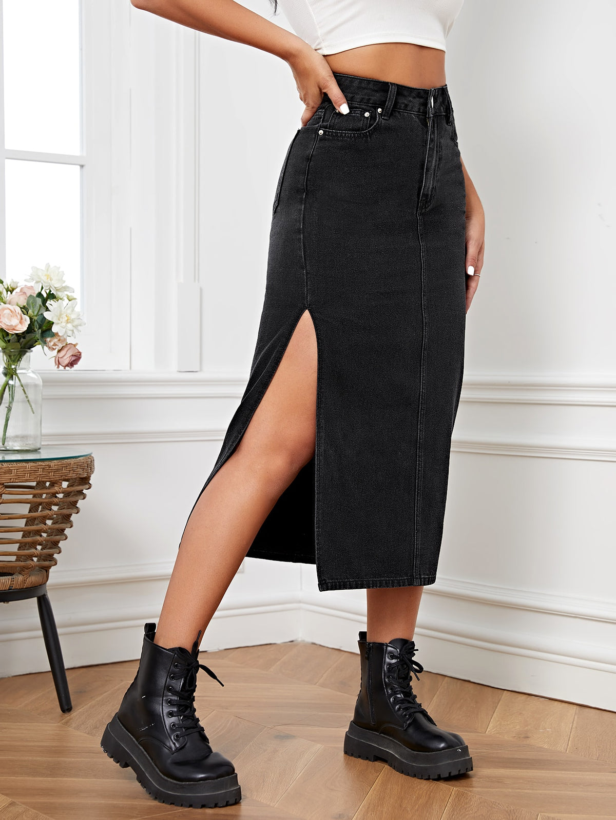 Essnce High Waist Split Thigh Denim Skirt