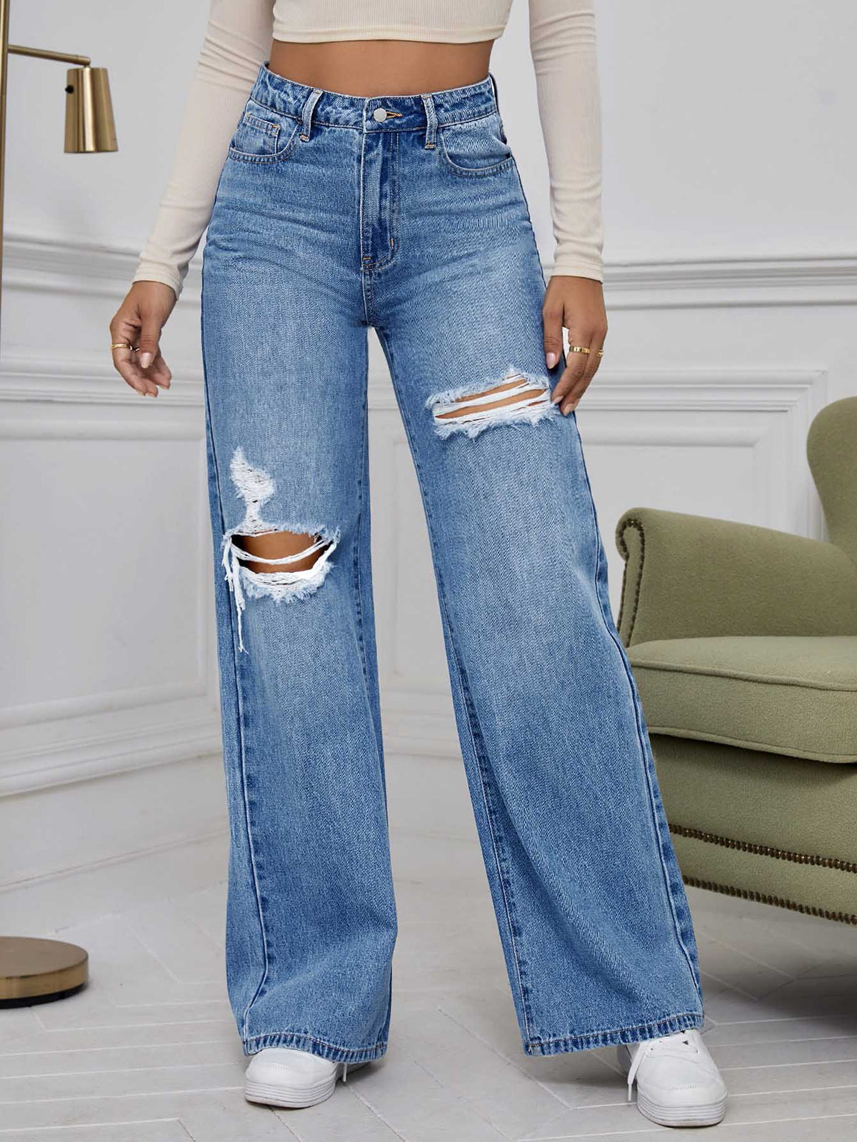 EZwear High Waist Ripped Wide Leg Jeans