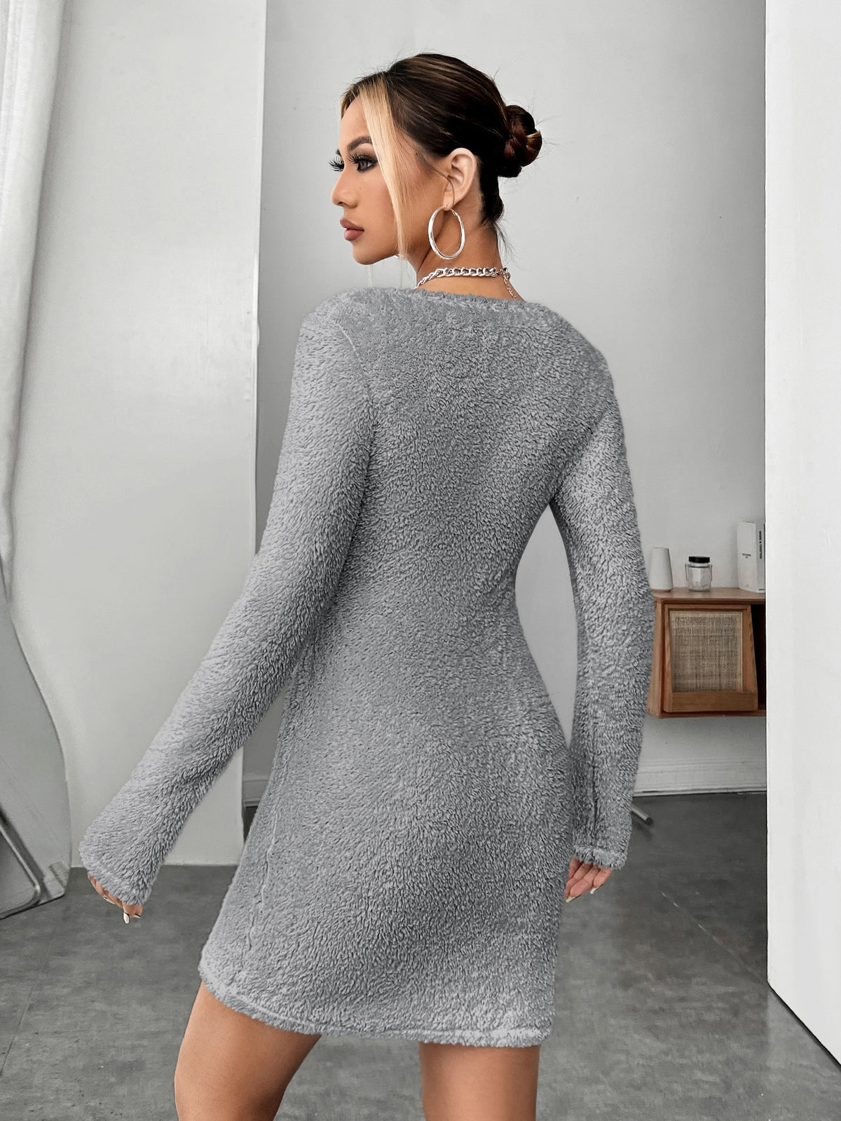 EZwear Scoop Neck Fluffy Knit Bodycon Dress