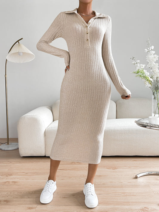 EZwear Polo Neck Ribbed Knit Bodycon Dress