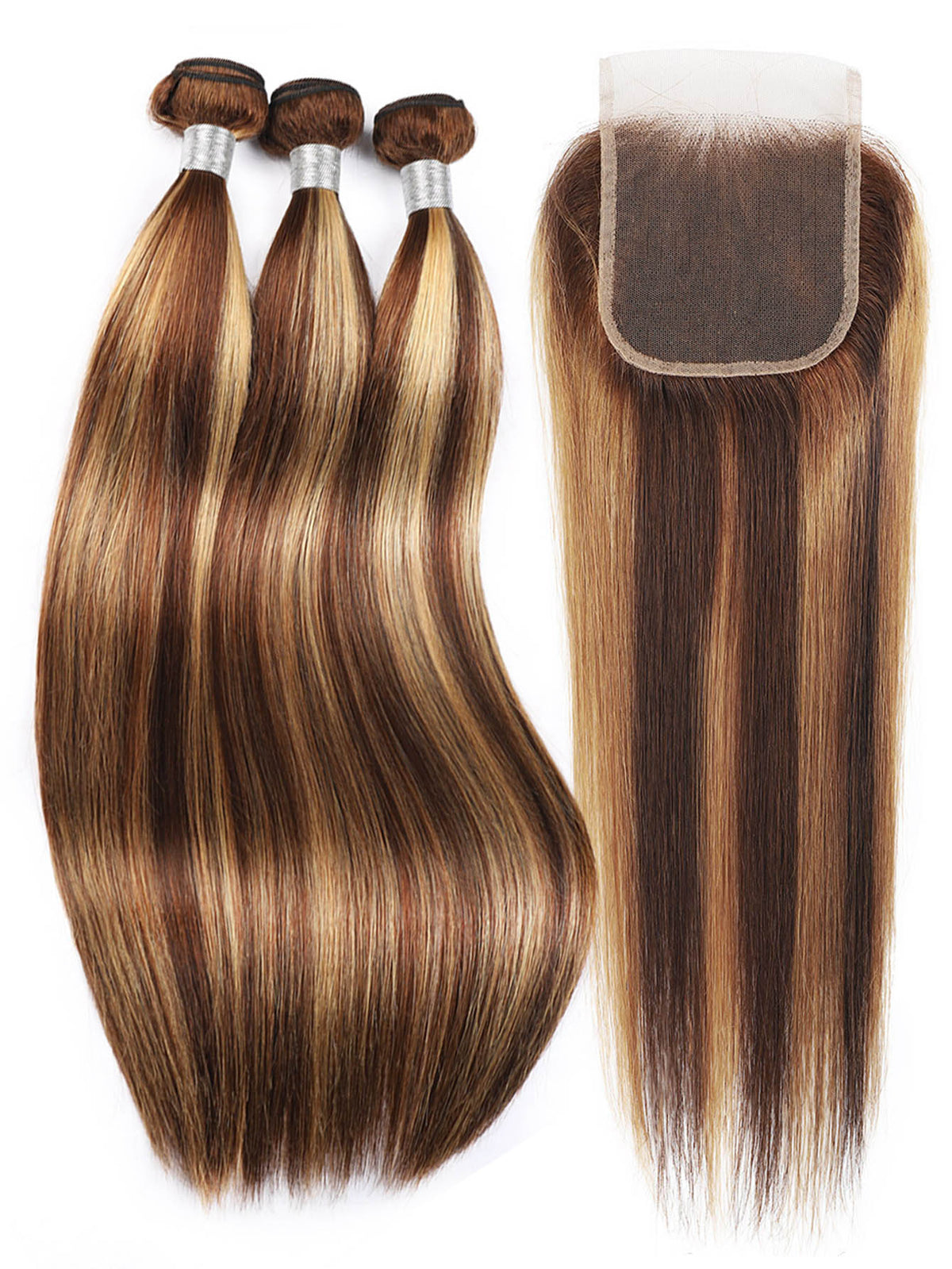 3 PCS Highlight Piano Color Body Wave Virgin Human Hair Bundles with 4 X 4 Free Part Lace Closure in One Set P4/27# Mixed Bundle and Closure Deals