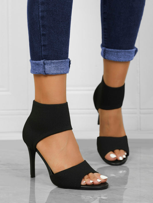 Women Minimalist Stiletto Heeled Ankle Strap Sandals, Elegant Black Solid Heeled Sandals