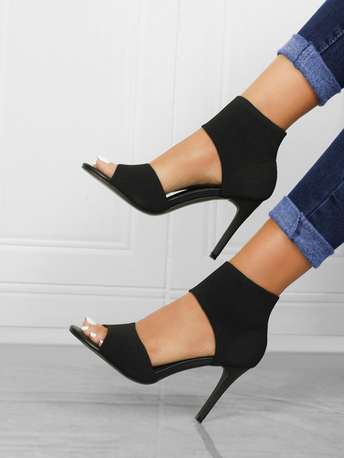 Women Minimalist Stiletto Heeled Ankle Strap Sandals, Elegant Black Solid Heeled Sandals